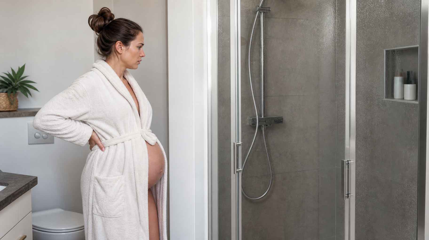 Eine schwangere Frau steht vor der Dusche