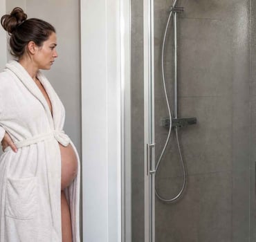 Eine schwangere Frau steht vor der Dusche