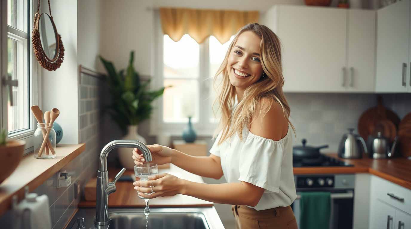 Frau trinkt Wasser aus dem Wasserhahn