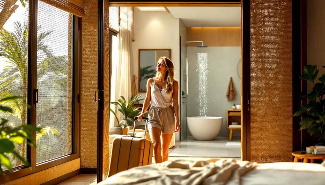 Frau kommt ins Hotelzimmer