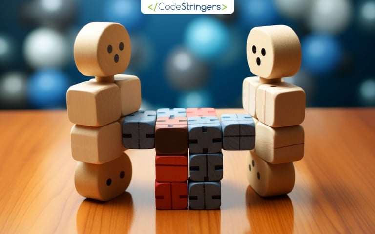 The wooden blocks are arranged into two opposing human figures