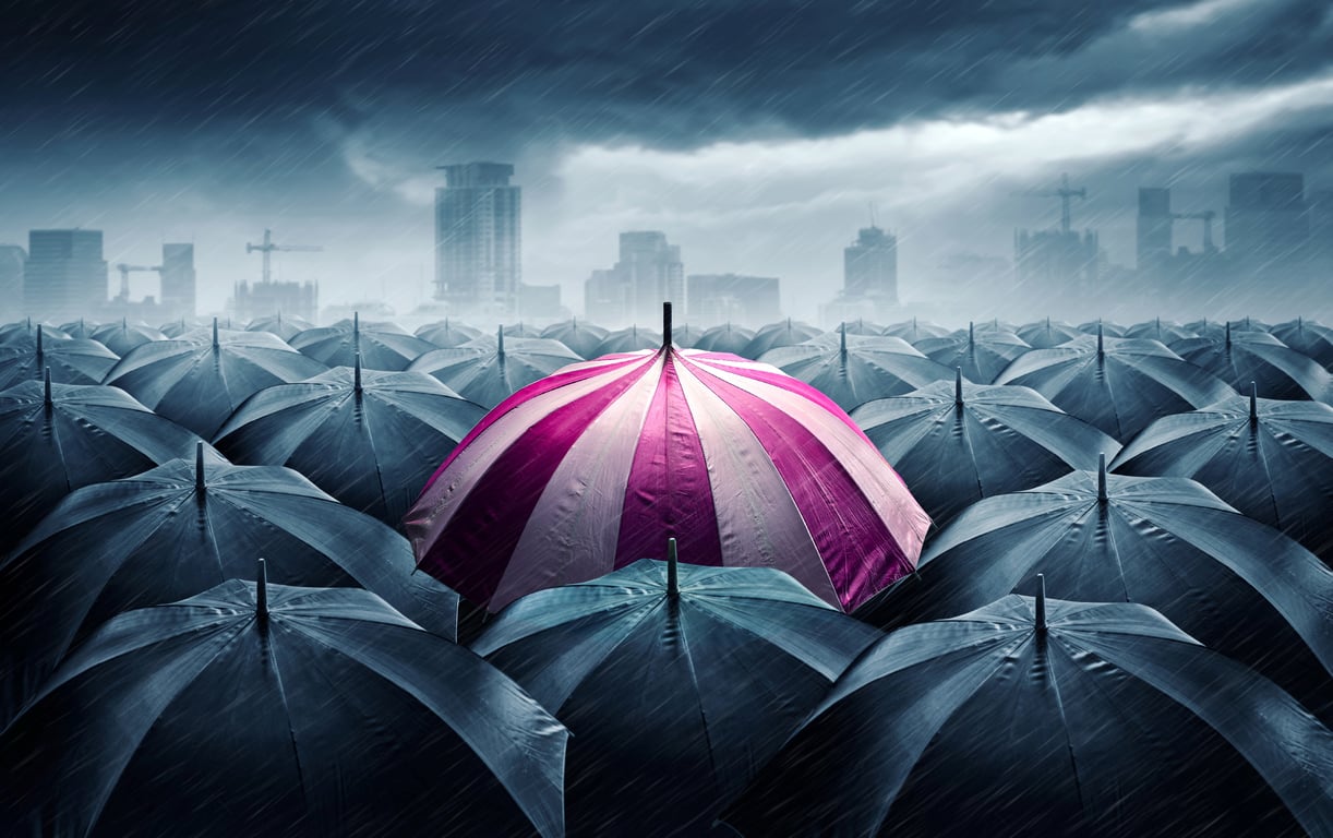 how to live a fuller life Pink and white umbrella with dark stormy clouds. Premium Photo