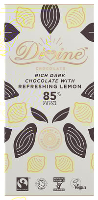 Divine 85% Dark Chocolate With Lemon Fairtrade Organic Vegan 80g