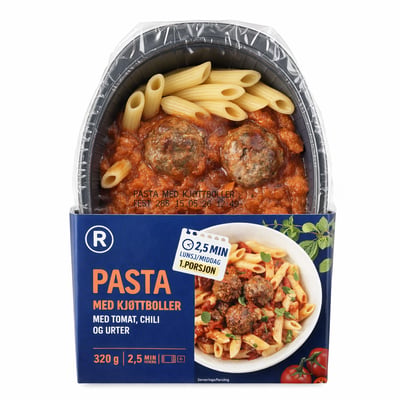 Pasta med kjøttboller med tomat, chili og urter