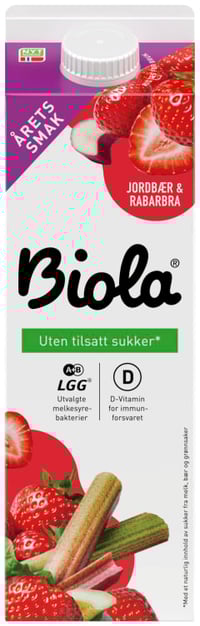 Biola Syrnet Melk Jordbær/Rabarbra uten 1000g Tine
