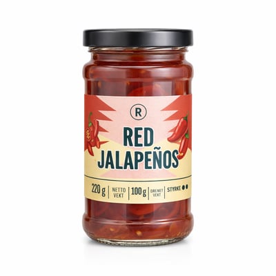 Syltede røde jalapeños i skiver, i lake