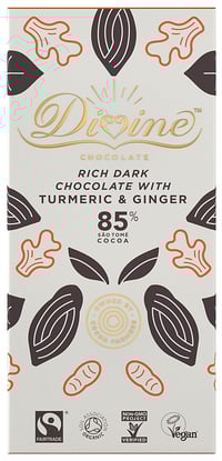 Divine 85% Dark Chocolate With Turmeric & Ginger Fairtrade Organic Vegan 80g