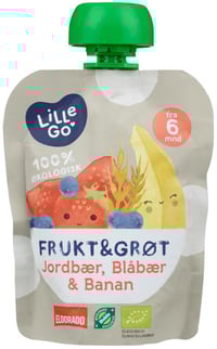 Frukt&Grøt Jordb/Blåb Økol 6mnd 90g Lillego