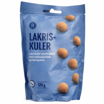 Lakriskuler overtrukket med melkesjokolade og lakrispulver