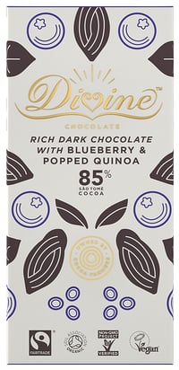 Divine 85% Dark Chocolate With Blueberry & Popped Quinoa Fairtrade Organic Vegan 80g