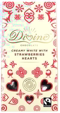 Divine Fairtrade Hvite Sjokoladehjerter med Jordbær 80g