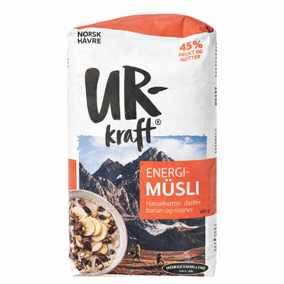 Urkraft Energimüsli Hasselnøtter, dadler, banan og rosiner