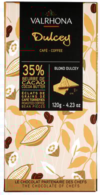 Blondsjokolade "dulcey 35%" med Biter av Kaffebønner 120g Valrhona