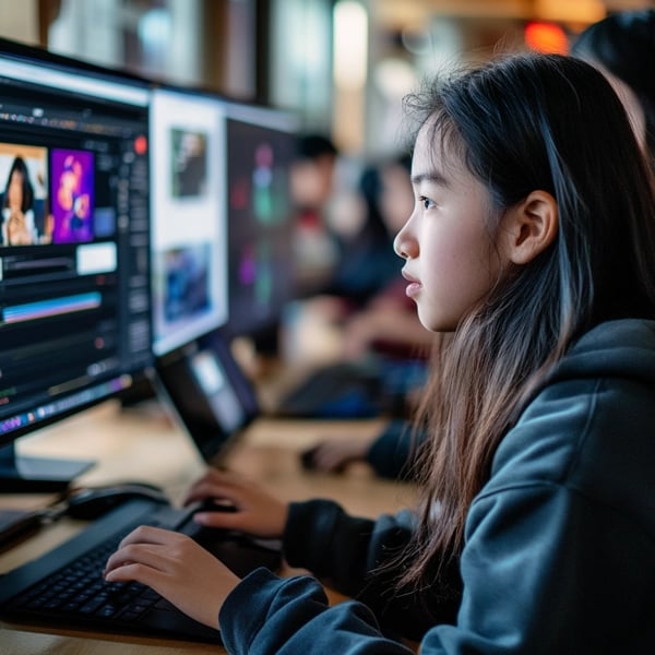 Student designing a poster on a computer for printing with a poster maker printer