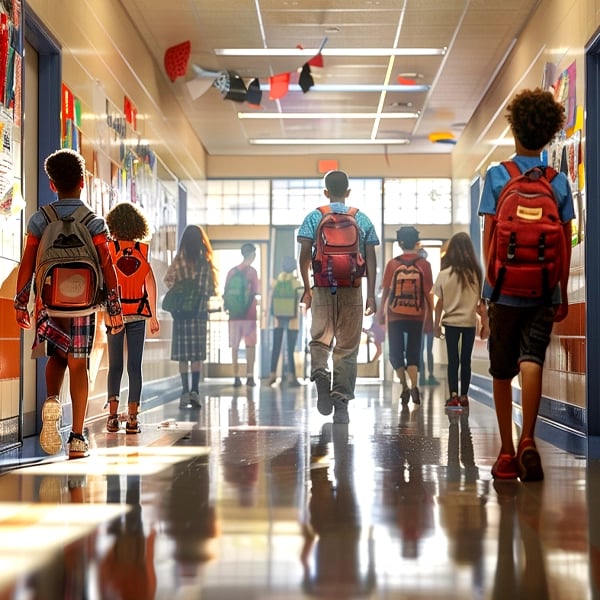 Students walking through a school hallway with colorful posters on the walls