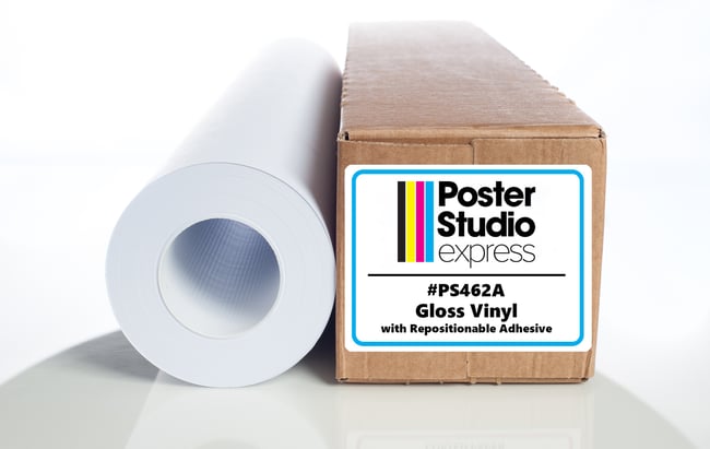 A roll of gloss vinyl with repositionable adhesive from Poster Studio Express, labeled as product #PS462A.