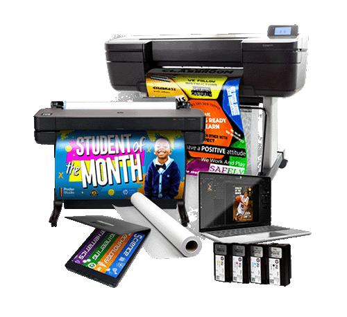 Poster Printer Machine with a classroom rules poster being printed.