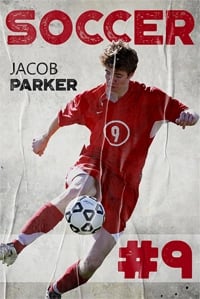 A dynamic soccer poster of Jacob Parker in a red uniform, mid-kick, highlighting how a Poster Maker Printer can create vivid sports designs.