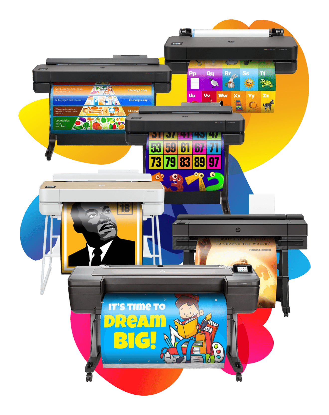 Multiple large format printers displaying colorful educational posters.