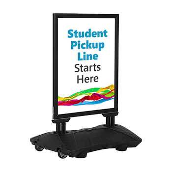 Sturdy sidewalk stand displaying a school poster for outdoor announcements