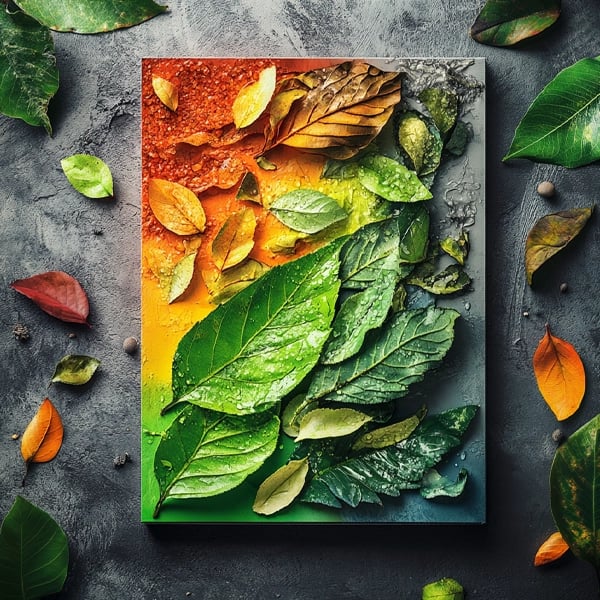 A colorful nature-themed poster featuring vibrant leaves in shades of green, yellow, and red, arranged on a textured background