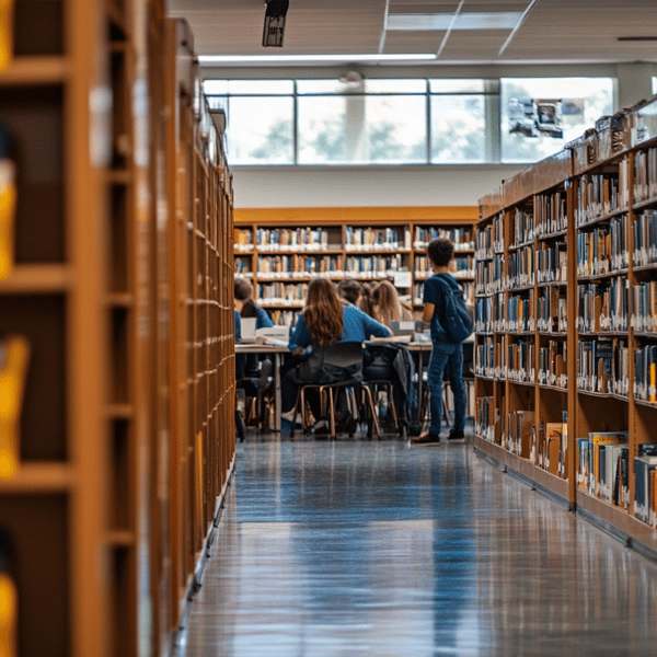A group of students sitting at a table in a school library, surrounded by bookshelves, discussing a project