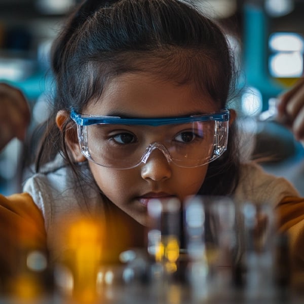 A young student wearing goggles in a science classroom, highlighting Science Lab Safety with Poster Maker Machines.