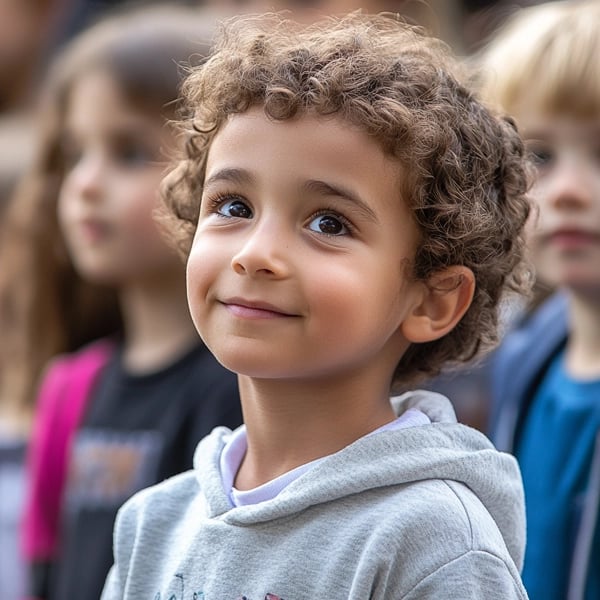 A young student smiling while standing with classmates, ready for school recognition