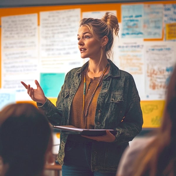 A teacher presenting to students with educational posters displayed on a bulletin board behind her