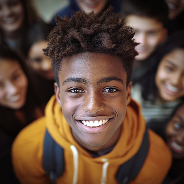 A smiling student wearing a hoodie, standing with a group of peers, highlighting a welcoming school environment
