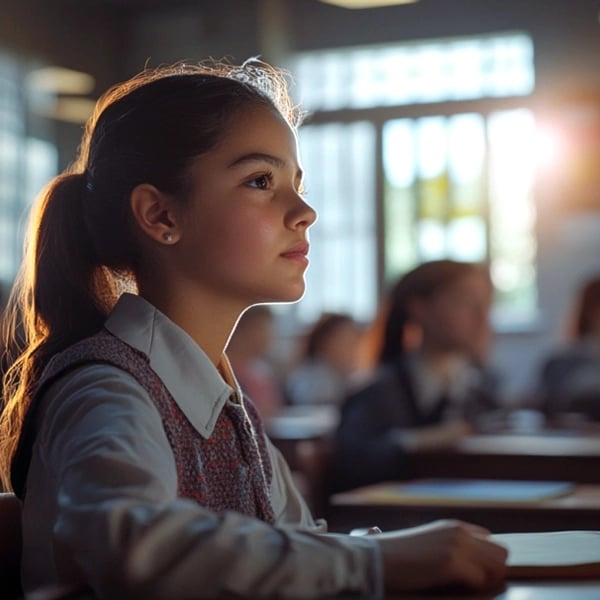Blog Post 10.16.1 A focused young student sitting in a classroom, with sunlight streaming through the windows, highlighting the importance of visuals in a learning environment