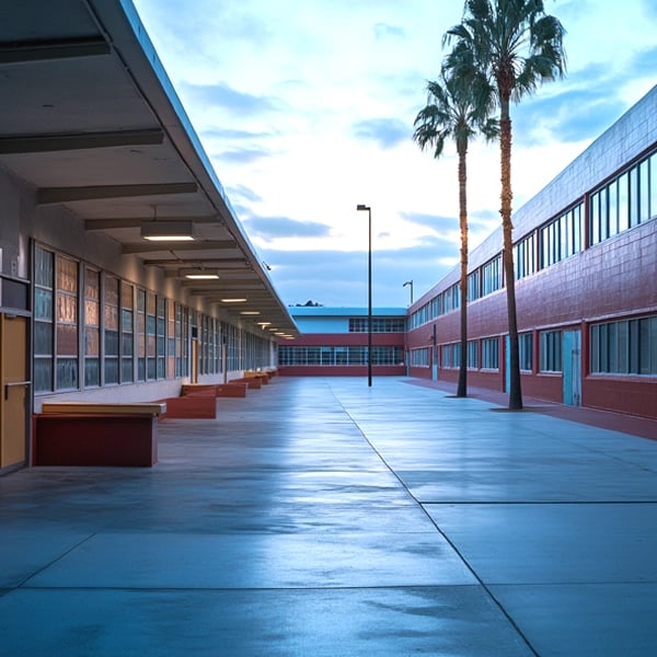 A school courtyard with modern architecture and palm trees, reflecting a clean and organized learning environment
