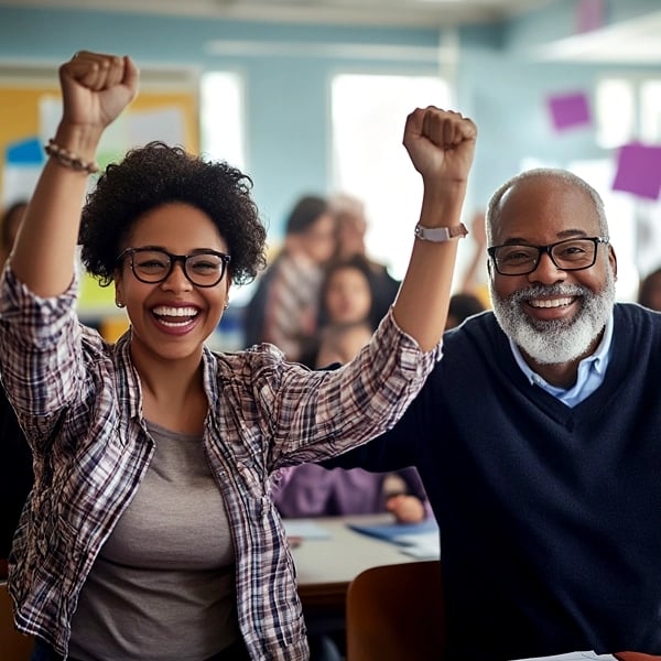 Two enthusiastic teachers celebrating success in a school classroom filled with students