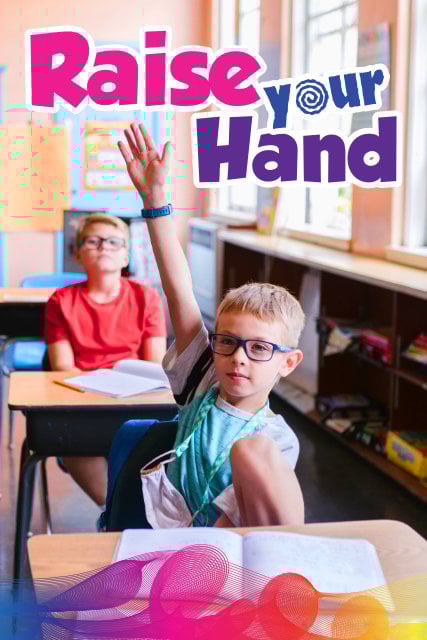 Student raising hand in a classroom with 