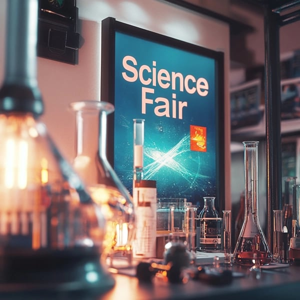 Science Fair poster displayed on a wall with laboratory equipment in the foreground