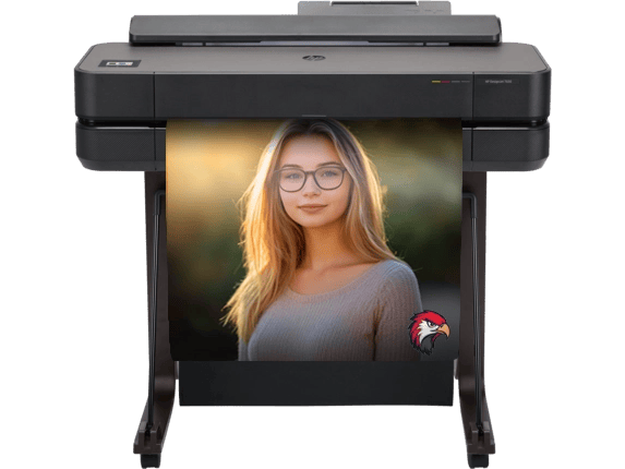 Poster printer machine printing a student recognition poster with a photo of a student and a school mascot logo