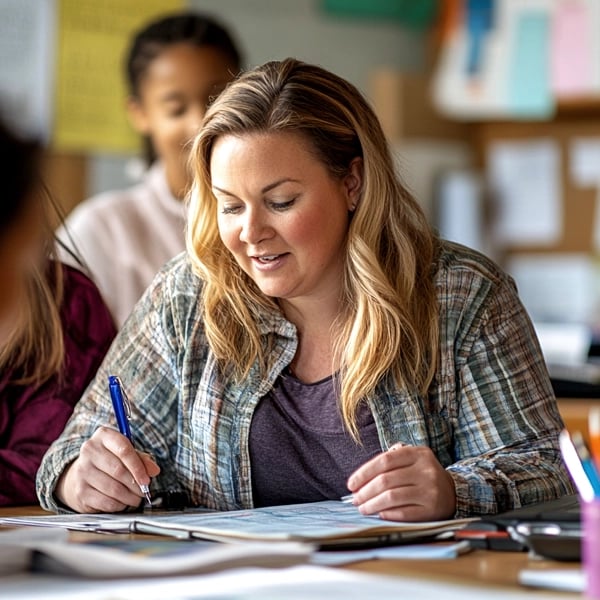 A teacher reviewing school materials at her desk, representing the ease of tracking printing costs with the Z6 accounting feature