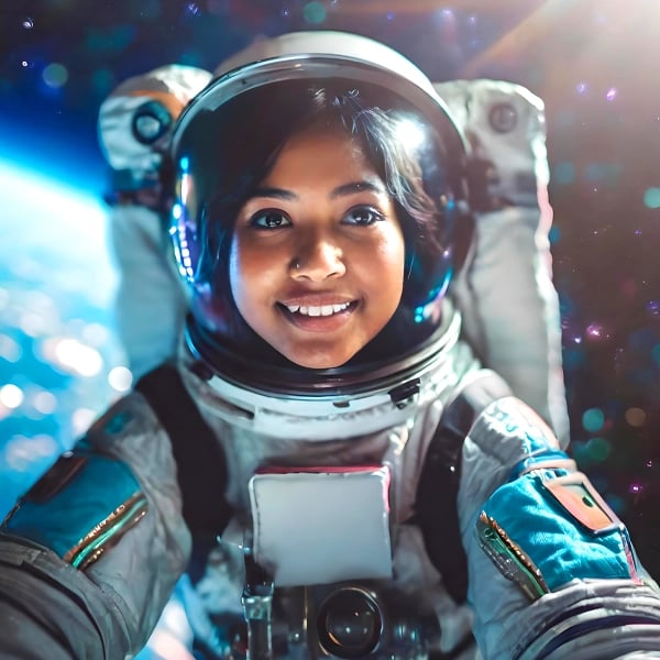 Student in a space suit taking a selfie, representing creativity and exploration educational posters to print