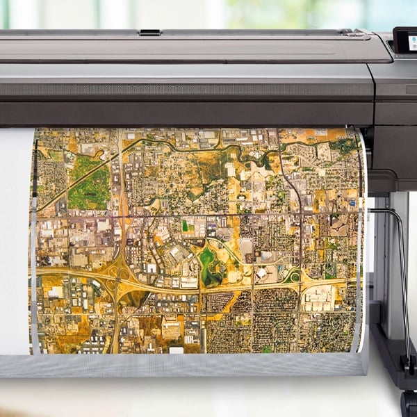 Large poster printer with dual roll and vertical trimmer printing a detailed map