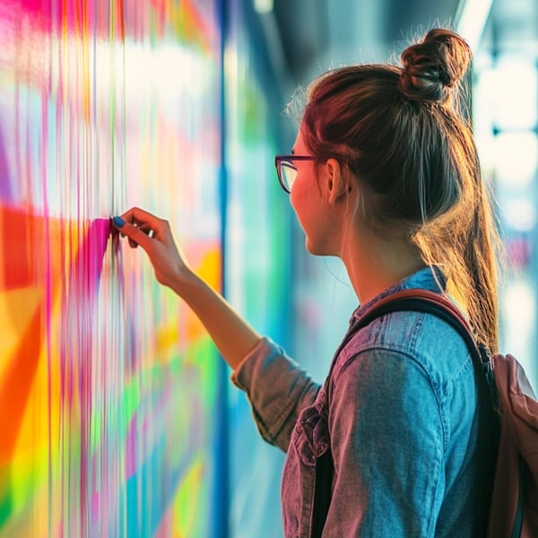 Student examining a vibrant, colorful poster printed on a school hallway wall