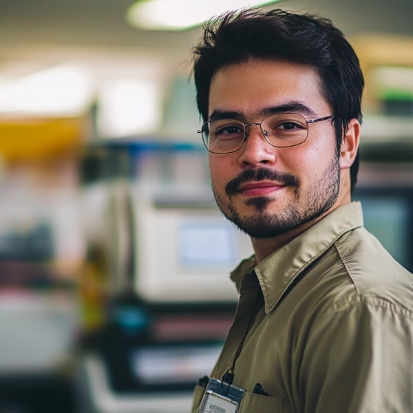 Technician ready to provide on-site service for a poster printer machine