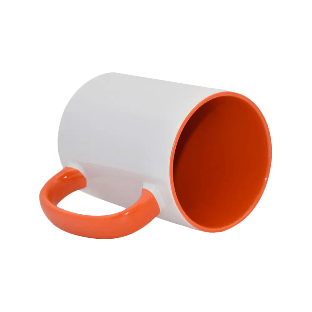 A 15oz white sublimation mug with a bright orange interior, perfect for school clubs, fall events, and vibrant classroom printing projects.