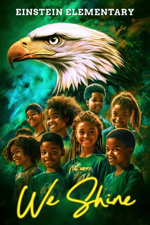 Eagle and smiling students in poster, printed by a poster maker machine