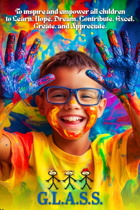 A joyful child with paint-covered hands, showcasing creativity against a colorful background, made with a school poster maker