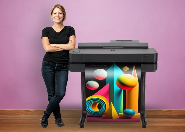 A teacher creating a poster using a reliable poster printer for schools