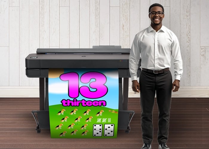 Poster Making Machines printing a vibrant math poster with the number thirteen, alongside a smiling teacher.