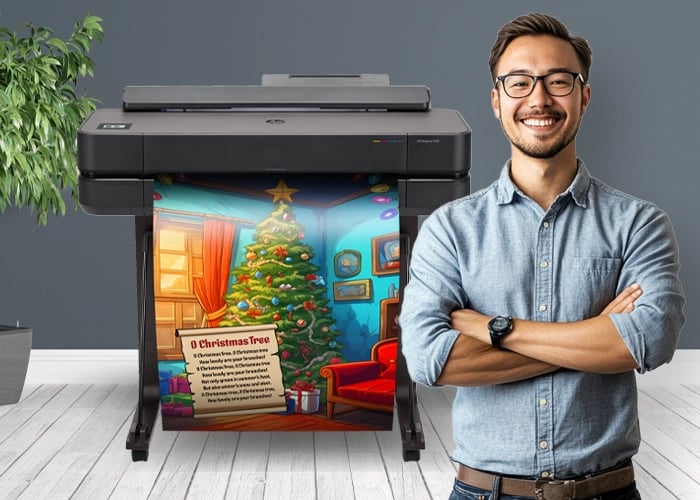 Large poster printer machine printing a festive Christmas tree poster with a smiling man standing beside it.