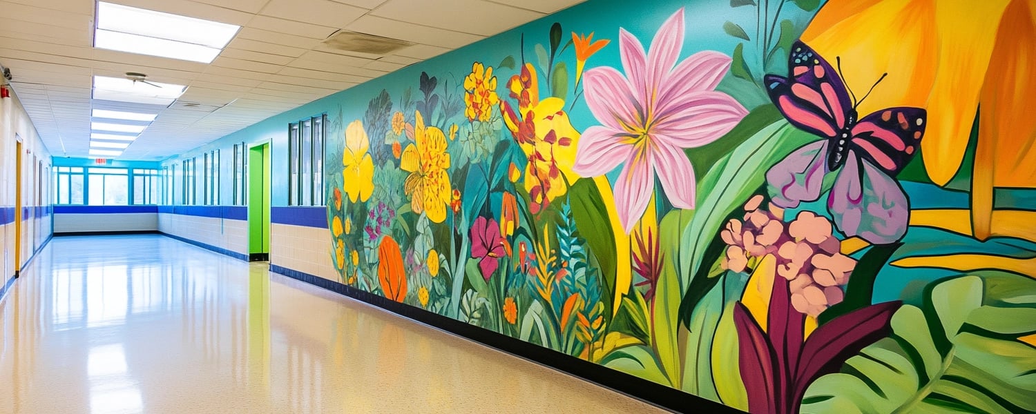 A brightly colored mural of flowers and a butterfly on a school hallway wall, showcasing vibrant print quality