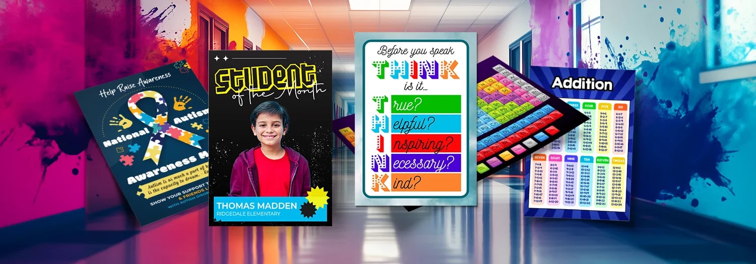 School posters created with a poster maker in a school hallway