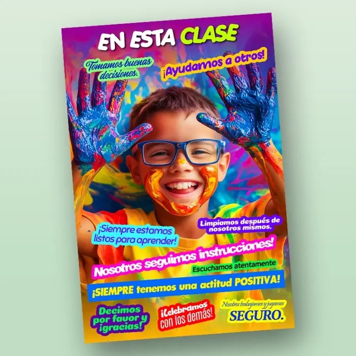Spanish Classroom Rules Poster Spanish classroom rules poster with a smiling child in colorful paint, listing positive behavior statements.